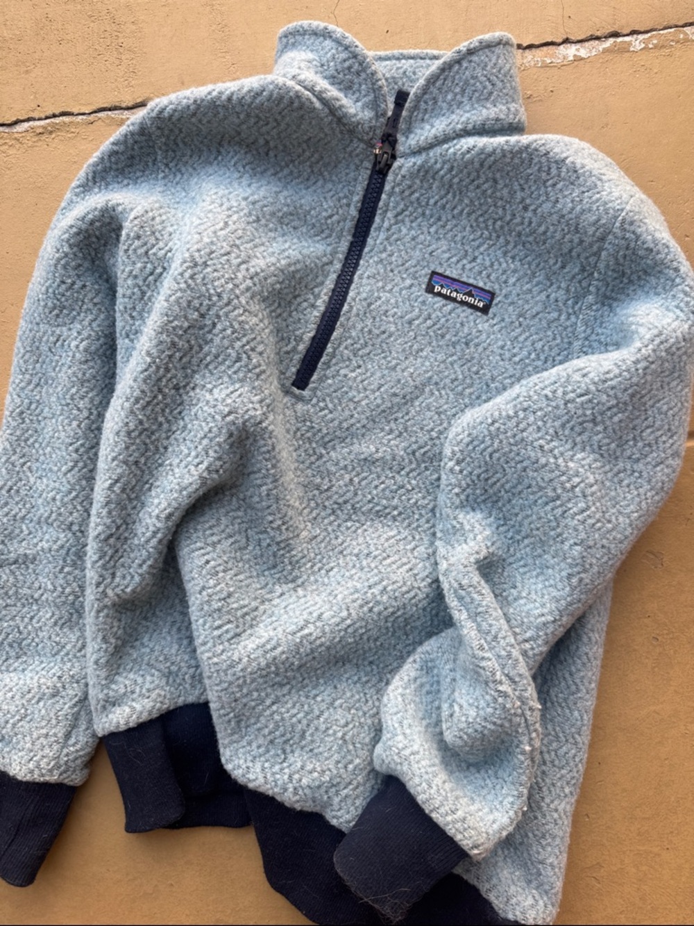 Patagonia Light Blue Sherpa Quarter-Zip Pullover with Navy Trim